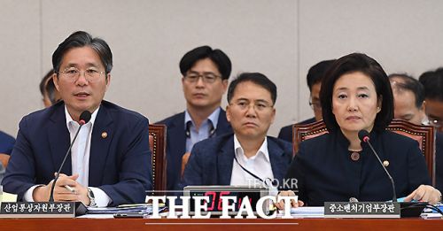 성윤모 산업통상자원부 장관(왼쪽)이 지난 8월 14일 국회에서 열린 산업통상자원중소벤처기업위원회 전체회의에서 의원들의 질의에 대답하고 있다.(사진=더팩트)