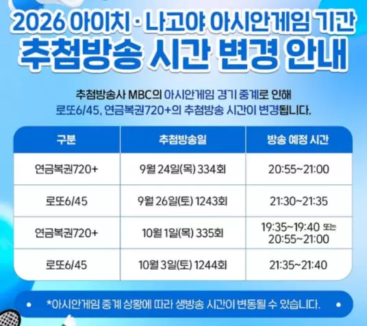 ** 로또리아 필독! 로또 1243회 추첨 시간 변경, 아시안게임 야구 중계 때문! (구매 마감은?)
**